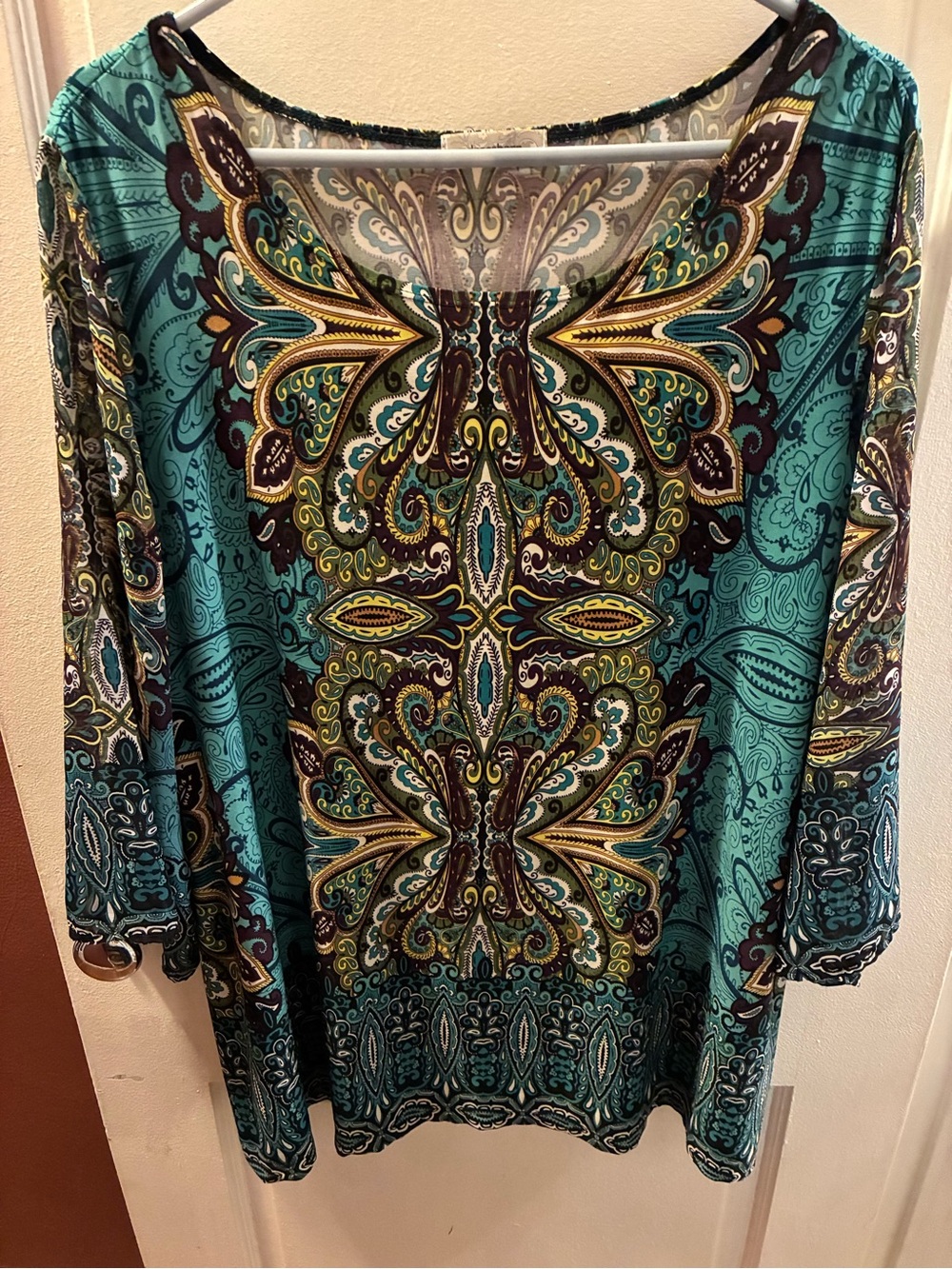 Dress Barn Teal Paisley Print Long Sleeve Blouse